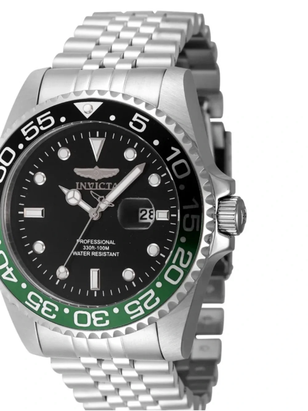Invicta Men's Black Dial Silver Bracelet Watch with Green Accent Bezel